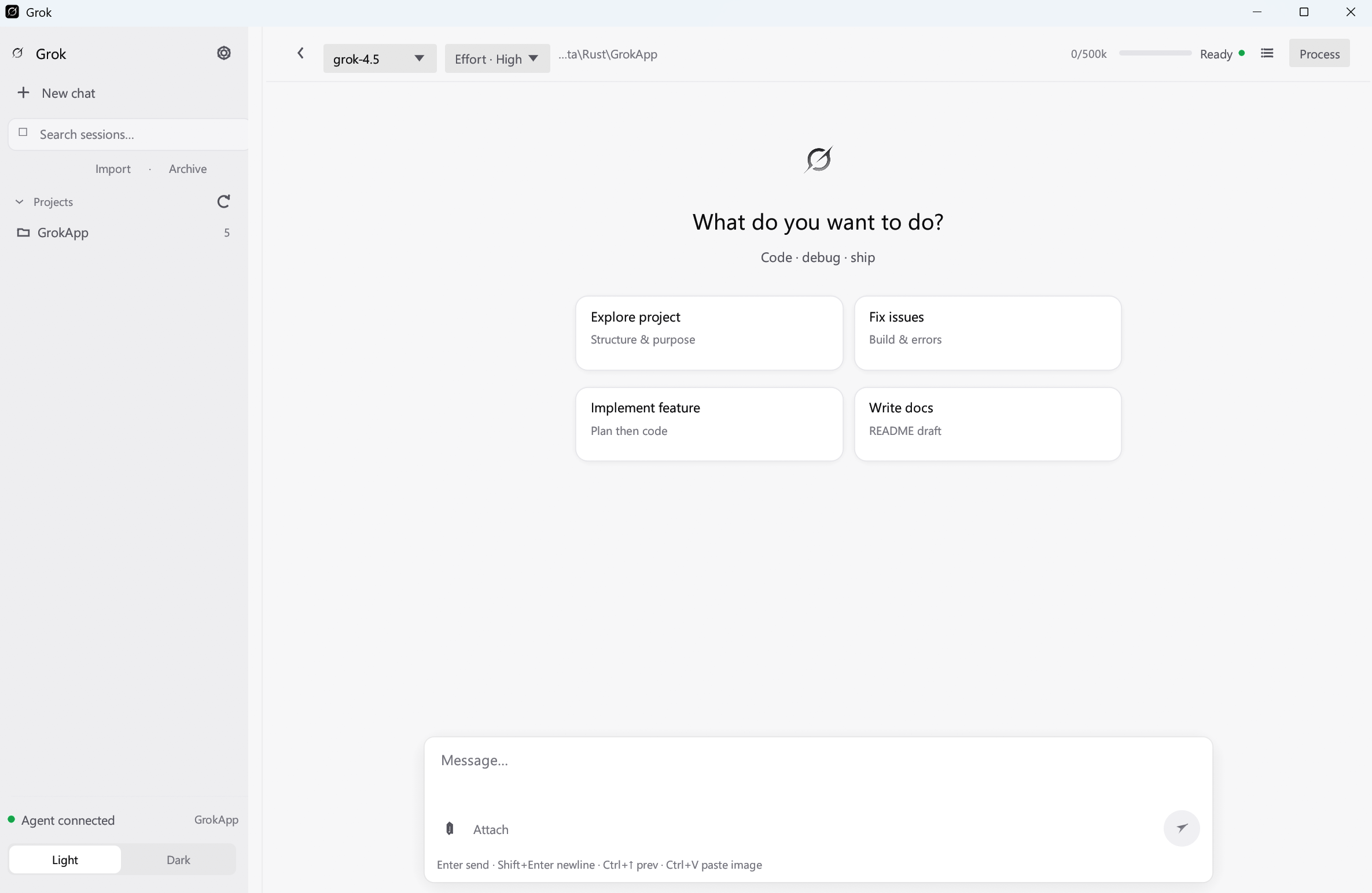 Grok Desktop home — English UI
